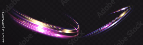 Glowing curved light trail with vibrant pink and gold neon streaks. Dynamic motion swirl isolated on transparent background, perfect for speed effects, futuristic visuals, and energy design.
