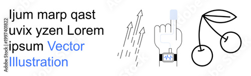 Technology integration, digital growth, monitoring, nature connection, wearable devices, futuristic concepts. Watch with finger touch, upward arrows cherry icons. Technology integration and digital