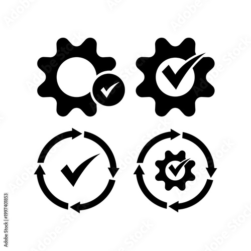 Sync process, icon reload set, circle arrow with gear wheel, recycling recurrence, renewal refresh processing icons, settings, update with a checkmark