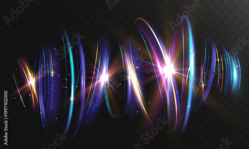 Colorful flowing light waves with bright sparkling flares and smooth curves. Dynamic glowing lines create energy motion effect isolated on transparent background.
