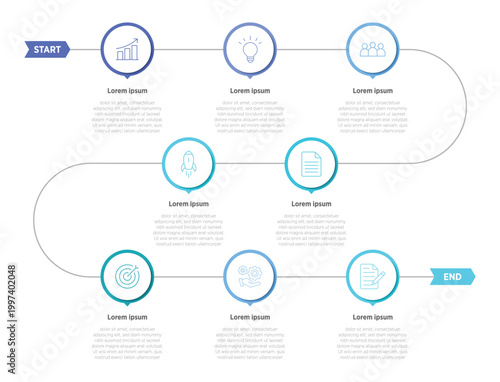 An 8-step timeline infographic is a visual storytelling tool designed to break down a sequence of eight distinct events, milestones, or phases into a clear and digestible format.