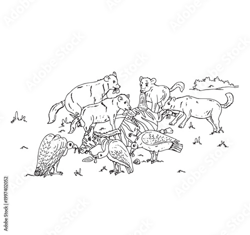 Cute cartoon hand drawn vector hyenas protects a zebra kill from vultures waiting to join the feast outline.
