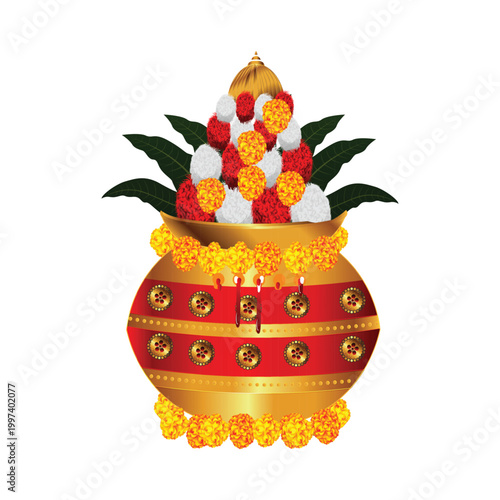 Mangal Ghat with Marigold Flower Garland and Coconut for Hindu Wedding Puja and Indian Festival Traditional Kalash Vector Illustration