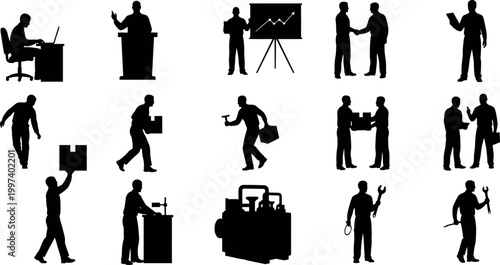 Diverse silhouettes of people in various professional activities and scenarios