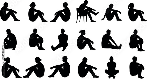 Collection of silhouettes people in various seated and relaxed poses