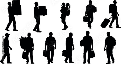 Silhouettes of people carrying various items boxes bags and luggage