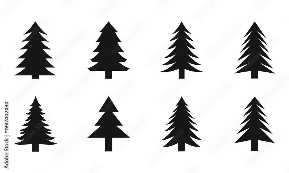 Fototapeta premium Eight different christmas tree icons representing pine trees for winter holiday and nature scenes.