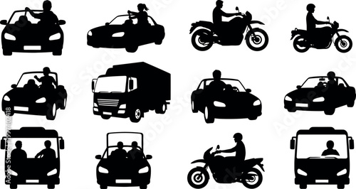 Black silhouette collection of various vehicles with drivers and passengers