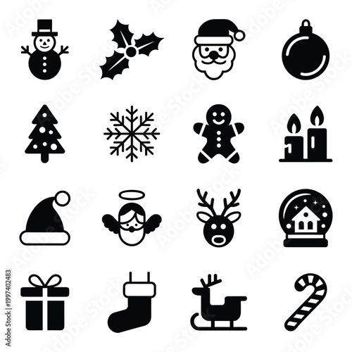 Minimalist christmas icons collection for winter festive branding featuring reindeer sleigh snowman and holiday ornaments.