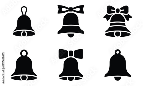 Six different christmas bells and jingle bells with bows silhouette icons for holiday decoration.