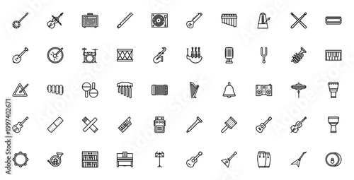 Music instrument icon set. Vector illustration pack with banjo, violin, guitar, piano, drums, saxophone, microphone and more. Editable stroke line icons.