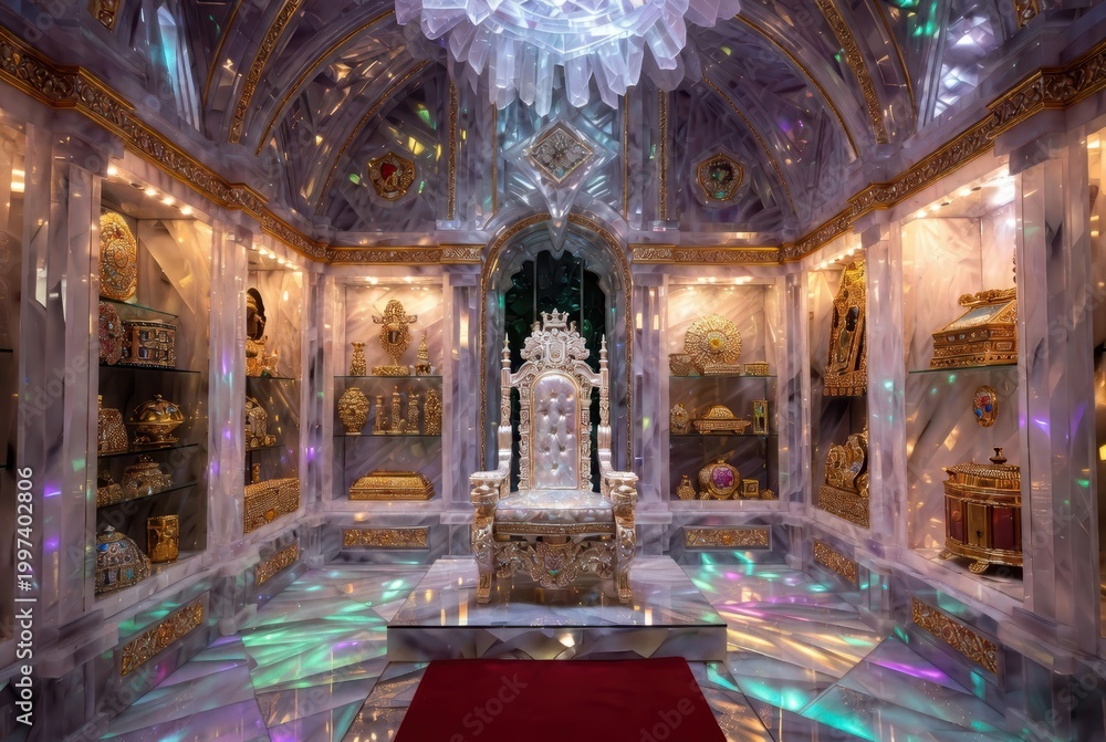 Fototapeta premium Ornate Throne Room with Crystal Walls, Gold Accents, and Gemstone Decorations