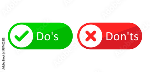 Vector switches for Do's and Don'ts guidelines. Features a green switch with a checkmark and a red switch with a cross. Ideal for educational content, best practices infographics