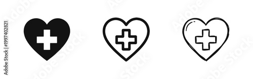 Medical Heart Health Icons Set with Cross Symbol