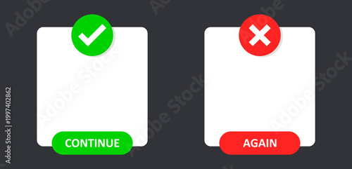 Vector user interface panels for casual games. Includes a green CONTINUE button with a checkmark and a red AGAIN button with a cross. Designed for level results, game over screens and mobile app 