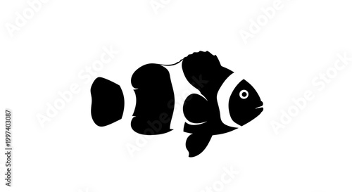 Black and White Clownfish Silhouette, Simple Icon, Isolated on White Background