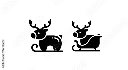 Christmas reindeer and sleigh icons, black silhouette vector illustration on white background