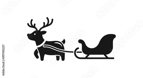 Christmas reindeer pulling sleigh icon, black silhouette on white background