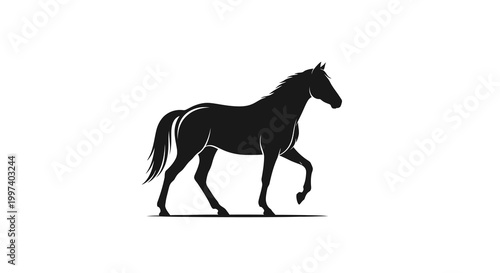 Elegant Black Horse Silhouette Walking Gracefully on White Background