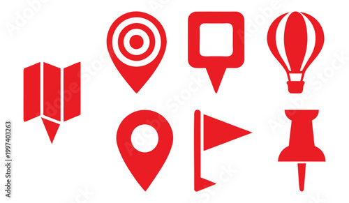Red map pins and icons