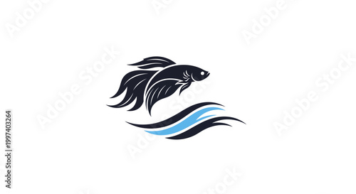 Elegant Betta Fish Silhouette Leaping Over Stylized Waves, Minimalist Aquatic Design