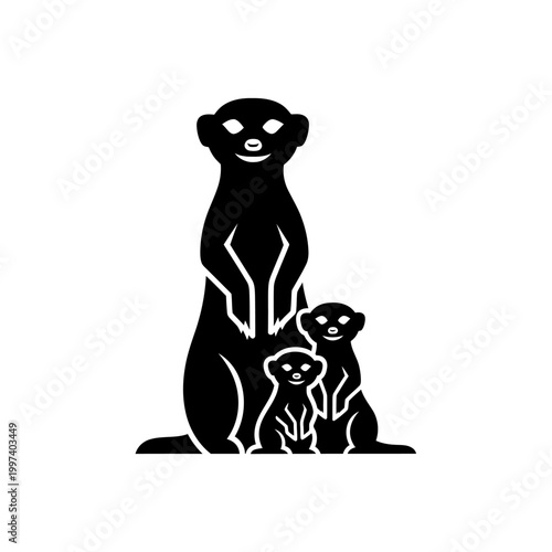Silhouette of a meerkat family standing upright, watching for danger, black and white.
