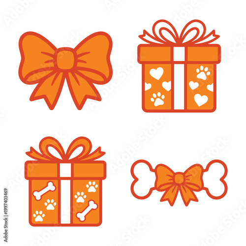 Set of cute orange gift boxes and bows with pet themed patterns