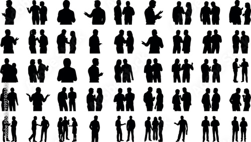 Collection of silhouettes diverse group of people in various poses and interactions