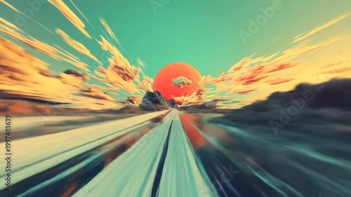 Abstract illustration of a surreal landscape with clouds and setting sun