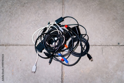 Messy tangle of various electronic cables and connectors on a concrete floor background