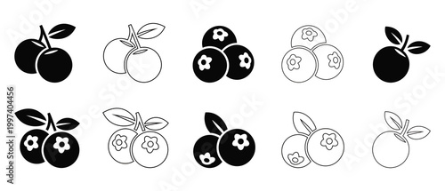 A set of vector icons featuring various fruit illustrations in black and white on a clean white background, perfect for design and branding projects