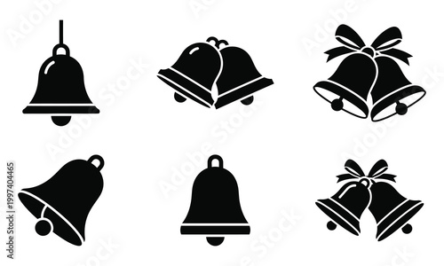 Jingle bell icons set with black silhouettes of christmas holiday bells and festive ribbon accents.
