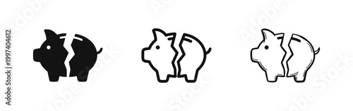 Broken Piggy Bank Financial Loss Icon Set - Glyph, Outline, and Doodle Styles