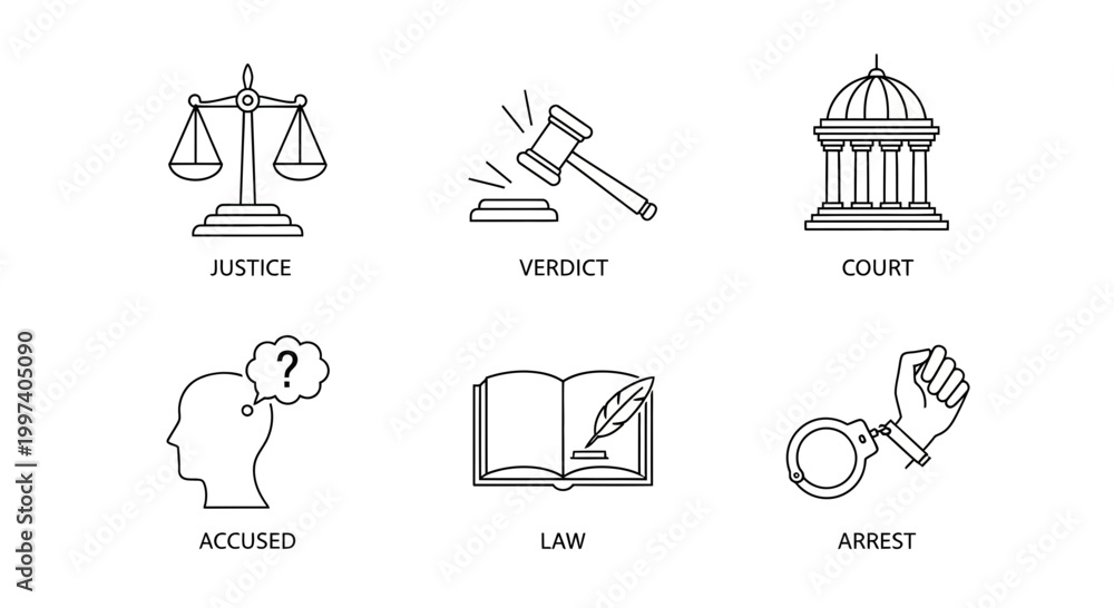 Fototapeta premium Legal Justice Icons: Scales, Gavel, Courthouse, Accused, Law Book, Handcuffs