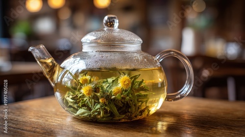 Glass teapot filled with yellow flower herbal infusion sits on a wooden table.
