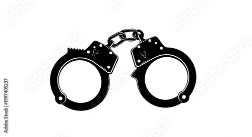 Black Handcuffs Silhouette Isolated on White Background, Symbol of Law and Justice
