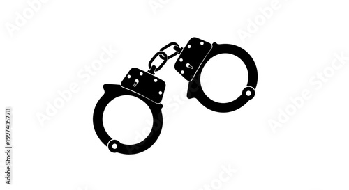Black Handcuffs Silhouette Isolated on White Background, Symbol of Law and Justice