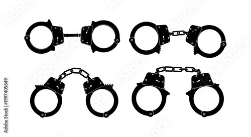 Set of Handcuffs Vector Icons, Black Silhouette on White Background