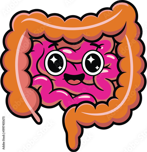 Vector illustration of a smiling pink intestine with eyes