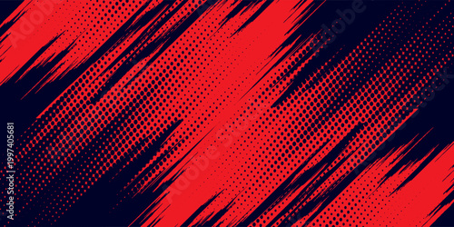 Red halftone dots blue color pattern gradient grunge texture background. Dot pop art comic sport style vector football, basketball, baseball, tennis, rugby, bicycling background grunge
