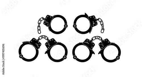 Set of Black Handcuffs Icons Isolated on White Background, Crime Concept