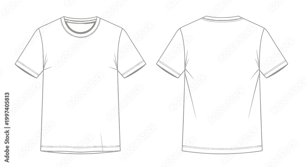 Fototapeta premium Blank White T-Shirt Mockup - Front and Back View Line Drawing