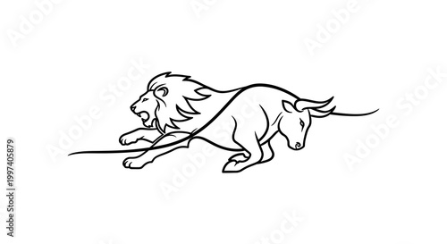 Lion and Bull Fighting Silhouette Vector Art
