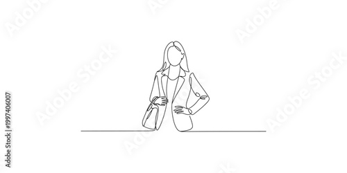 Continuous line drawing of a confident businesswoman standing with one hand on her hip and the other holding a briefcase, isolated on white background