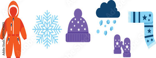 Winter Clothing and Cold Weather Icon Set Featuring Snowsuit Beanie Hat Mittens Scarf and Snowflake for Seasonal Fashion Outdoor Activity and Climate Design