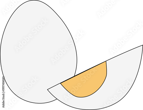 Hard boiled eggs, colored composition hand drawn illustration. Vector graphic line art. Whole egg and cut in half with yolk and albumen, side view of morning snack mascot, cartoon healthy nutrition