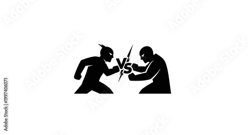 Silhouette figures facing off with lightning bolt, representing conflict and competition