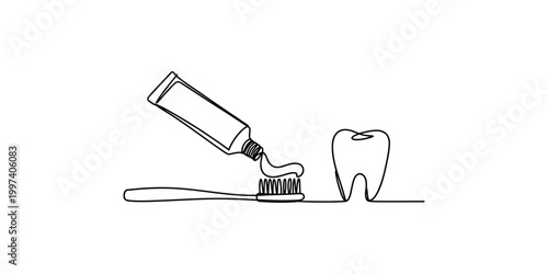 Toothbrush with toothpaste and a tooth on a white background for dental hygiene
