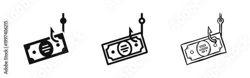 Financial Bait and Money Hook Icon Set, Scam and Risk Symbols