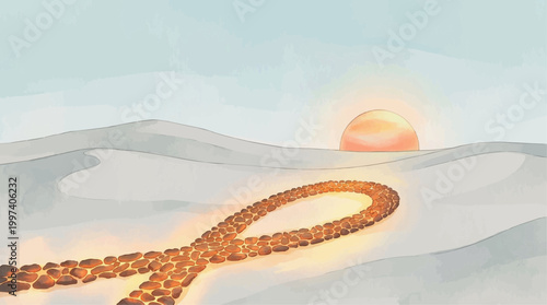 Multiple Sclerosis awareness concept with orange ribbon as stone path in desert landscape at sunset